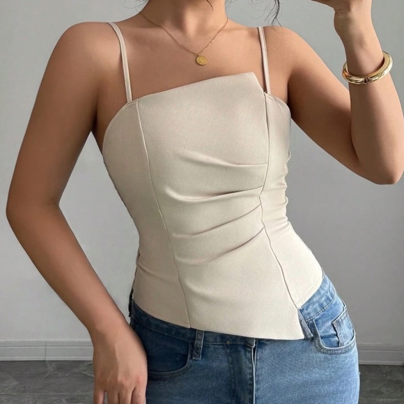 Tops - Solid Ruched Shirred Adjustable Straps Fitted Cami Top